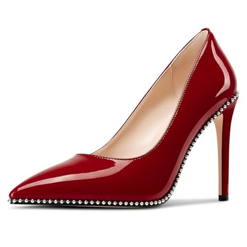 Castamere Beaded Pumps for Women Pointed Toe Stiletto Heels Slip on Pumps Casual Dress Patent Leather 3