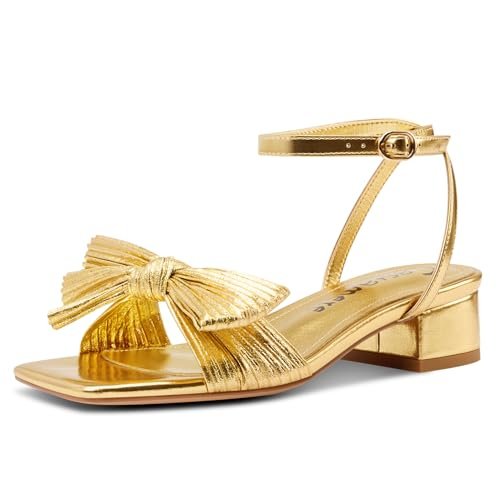 Castamere Women's Bow Knot Heeled Sandals Ankle Strap Buckle Open Square Toe Block Chunky Heels Wedding Dress Bride Fashion 1